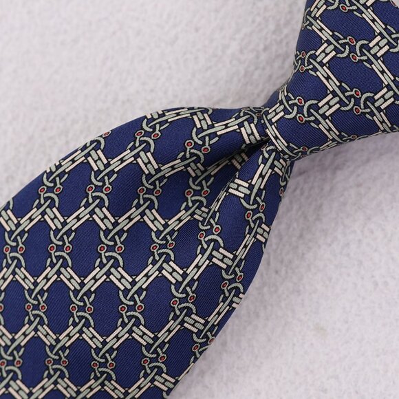Hermes Paris Silk Neck Tie 7524 IA Blue Cream Geometric Print Made in France - Picture 1 of 8